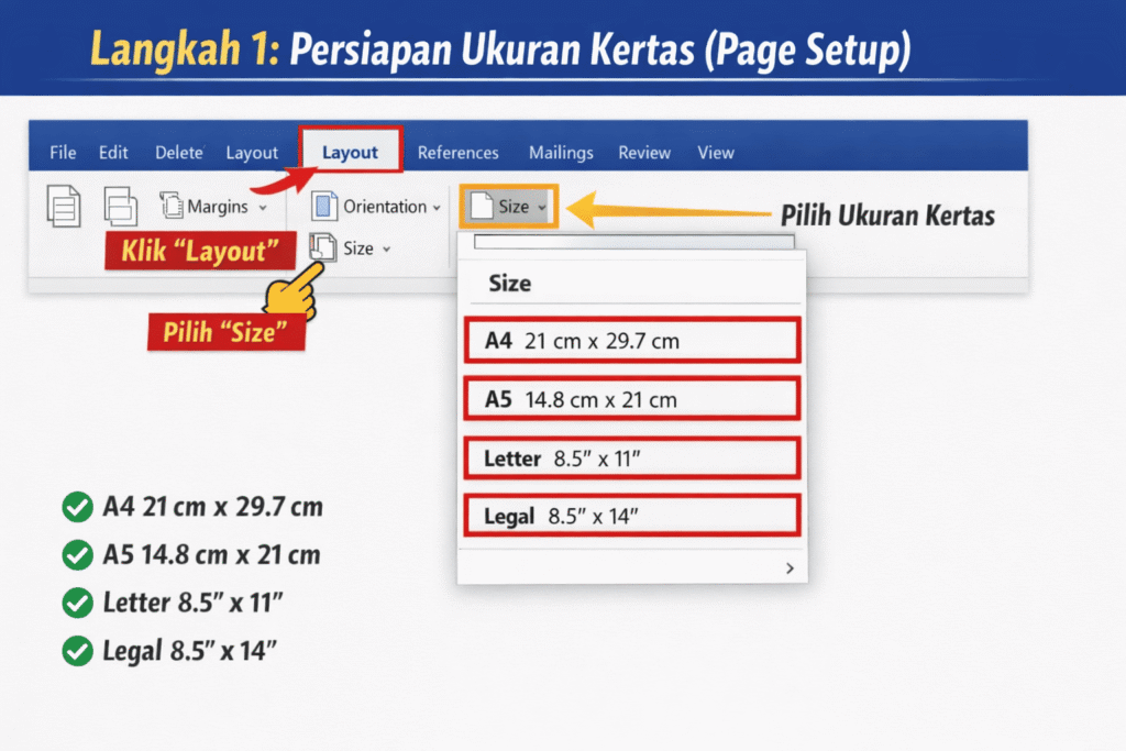 Cara mengatur ukuran kertas A4 di Microsoft Word melalui menu Layout dan Size untuk membuat surat resmi.