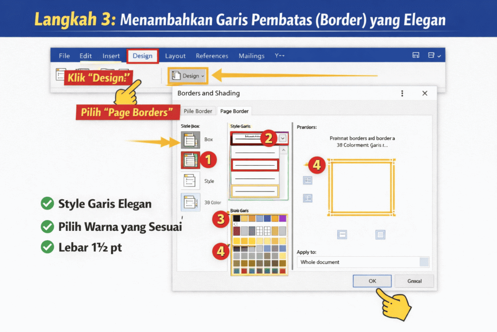 Cara menambahkan garis pembatas atau page border elegan pada surat resmi di Microsoft Word