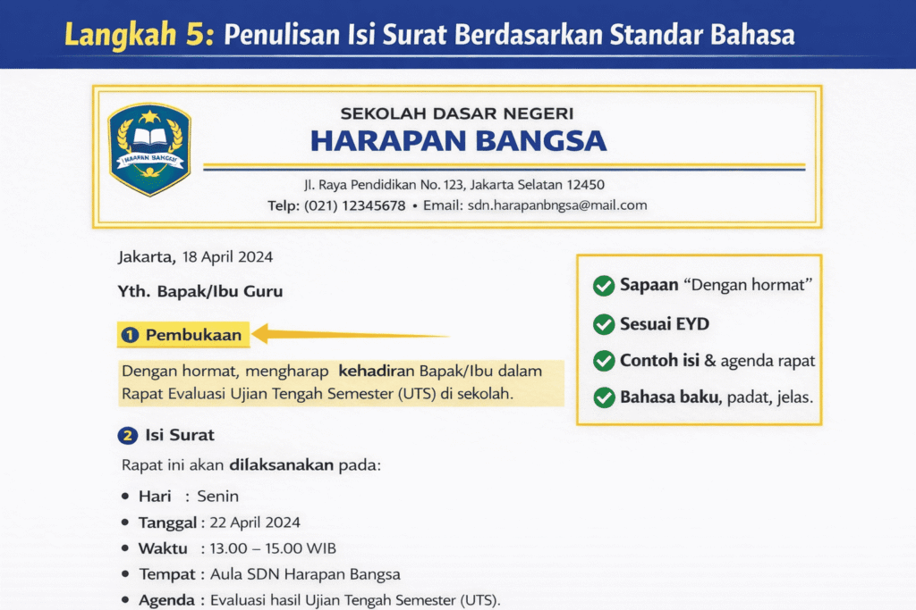 Contoh penulisan isi surat resmi sekolah dengan bahasa baku dan struktur pembukaan serta isi surat yang benar
