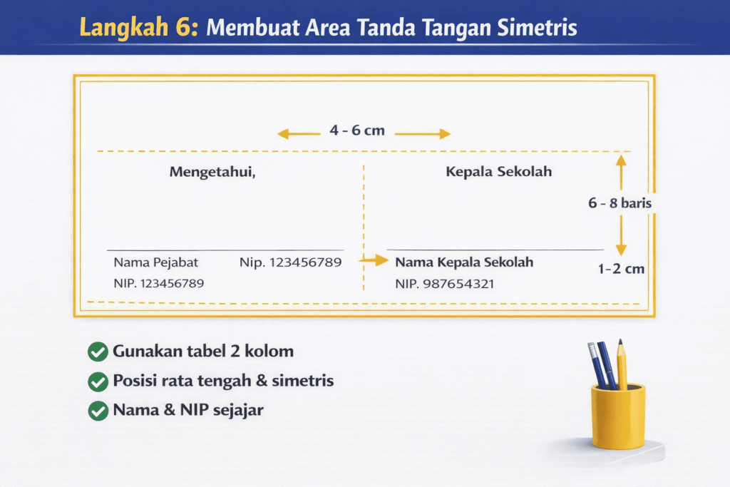 Cara membuat area tanda tangan simetris pada surat resmi menggunakan tabel dua kolom di Microsoft Word