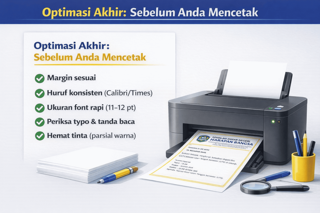 Checklist optimasi surat resmi sebelum dicetak seperti margin, font, ukuran huruf, dan pemeriksaan tanda baca