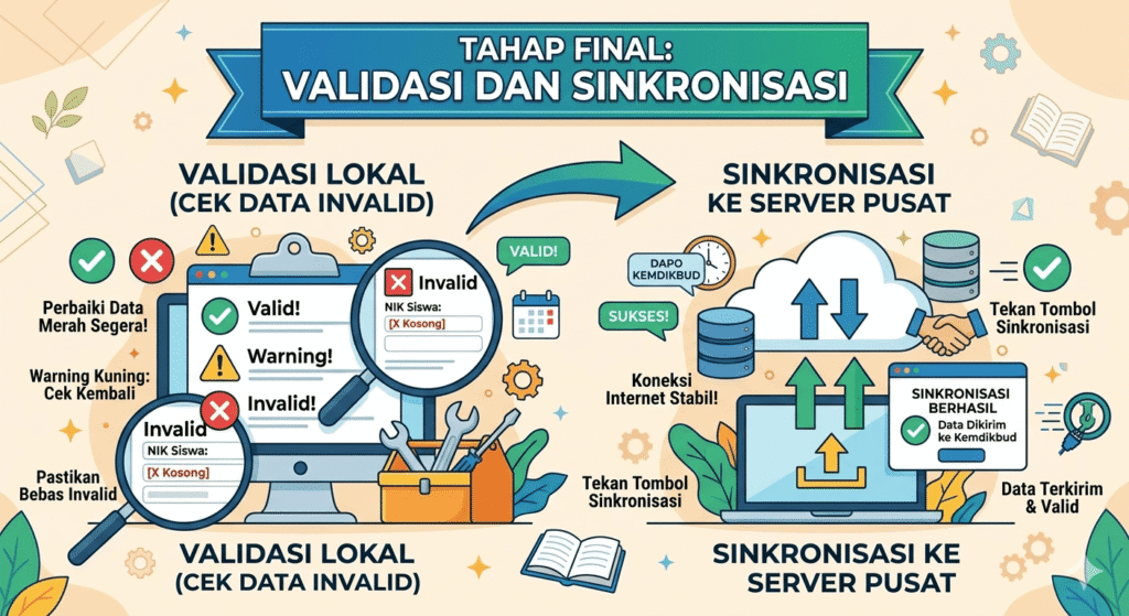 Panduan tahap akhir validasi data lokal bebas invalid dan proses sinkronisasi Dapodik ke server pusat