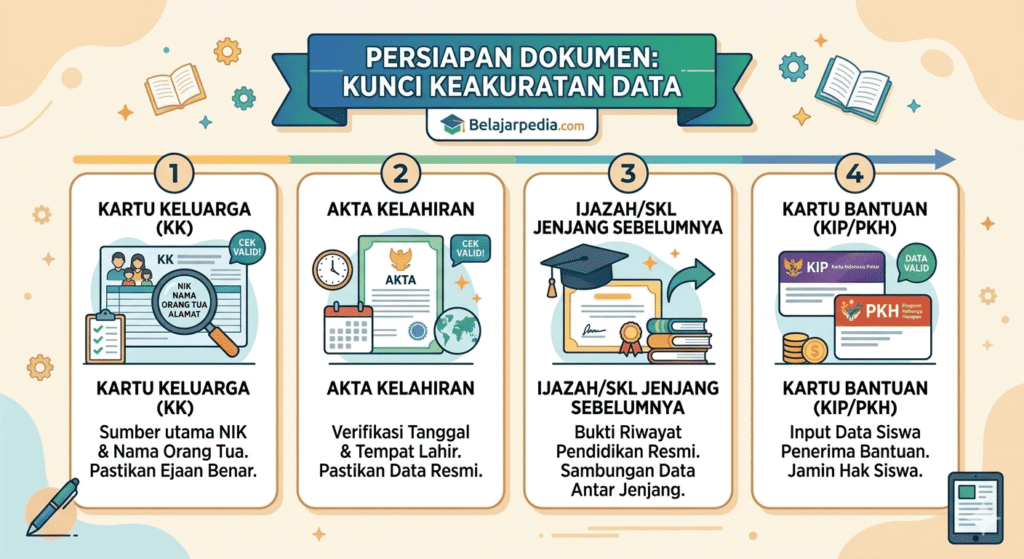 Daftar dokumen wajib input Dapodik seperti Kartu Keluarga, Akta Kelahiran, Ijazah, dan Kartu KIP PKH.