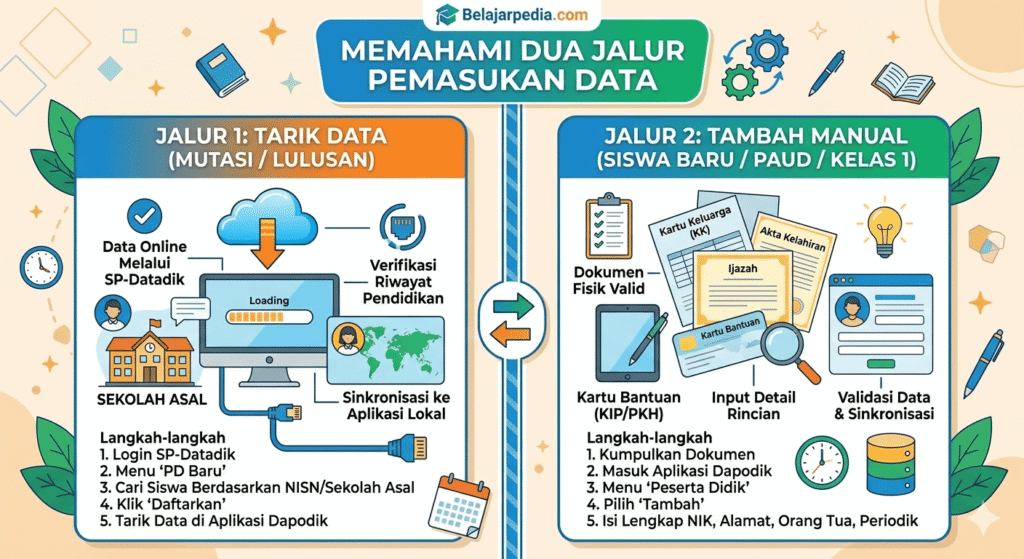 Perbedaan jalur tarik data online via SP-Datadik dan input manual siswa baru di aplikasi Dapodik.