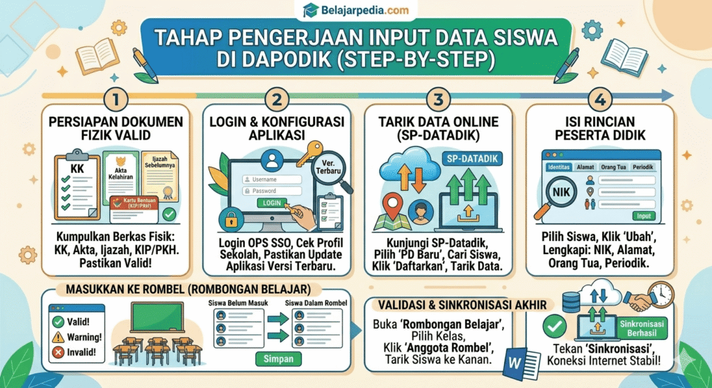 Alur kerja pengerjaan input data peserta didik Dapodik dari awal hingga masuk ke rombongan belajar.