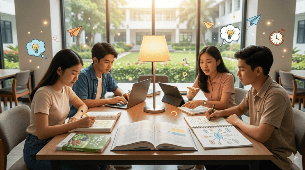 Siswa sedang belajar bersama untuk persiapan UTS dan UAS