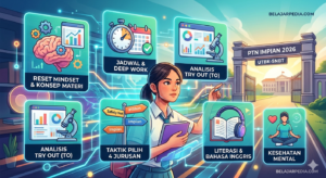 Infografis strategi lolos UTBK 2026 Belajarpedia menampilkan siswa SMA di depan gerbang PTN dengan poin-poin tips seperti reset mindset, jadwal belajar, analisis try out, taktik memilih 4 jurusan, dan kesehatan mental.