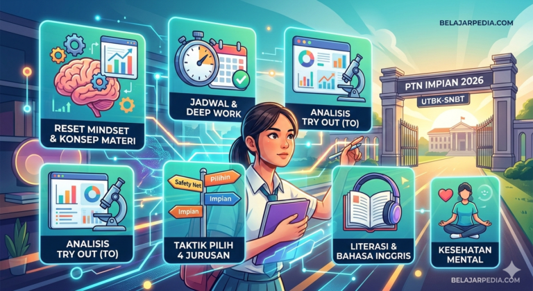 Infografis strategi lolos UTBK 2026 Belajarpedia menampilkan siswa SMA di depan gerbang PTN dengan poin-poin tips seperti reset mindset, jadwal belajar, analisis try out, taktik memilih 4 jurusan, dan kesehatan mental.