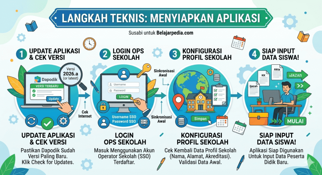 Tutorial teknis menyiapkan aplikasi Dapodik mulai dari update versi terbaru hingga login akun SSO