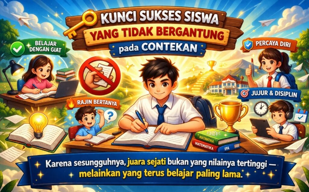 Ilustrasi siswa belajar mandiri tanpa contekan dengan pesan motivasi sukses belajar