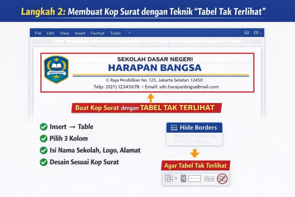 Contoh membuat kop surat di Microsoft Word menggunakan tabel tak terlihat untuk menata logo, nama sekolah, dan alamat