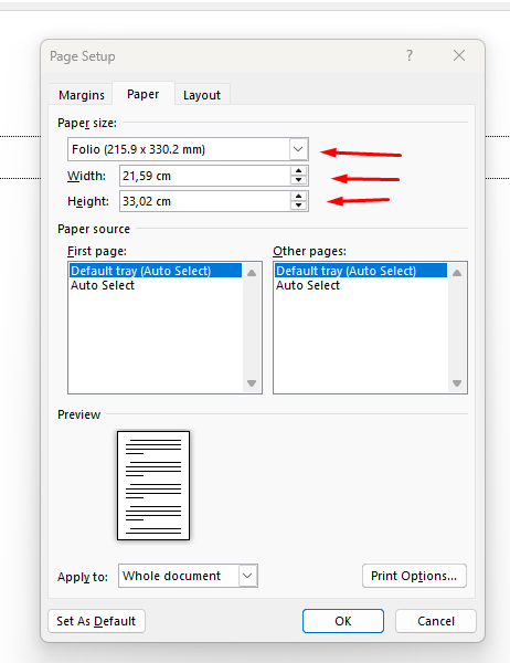 Pengaturan ukuran kertas F4 atau Folio manual di Word - Belajarpedia