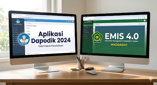Dua platform pendataan berbeda: Dapodik untuk Kemendikbudristek (kiri) dan EMIS 4.0 untuk Kemenag (kanan)