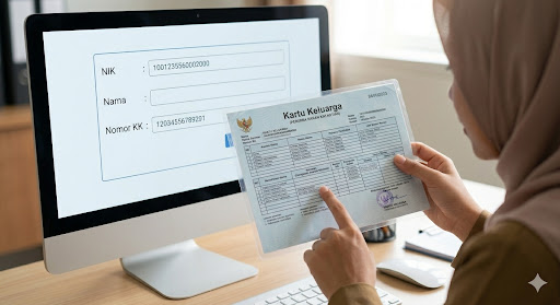 Operator dengan teliti memverifikasi kartu keluarga asli di samping layar Verval PD untuk data siswa