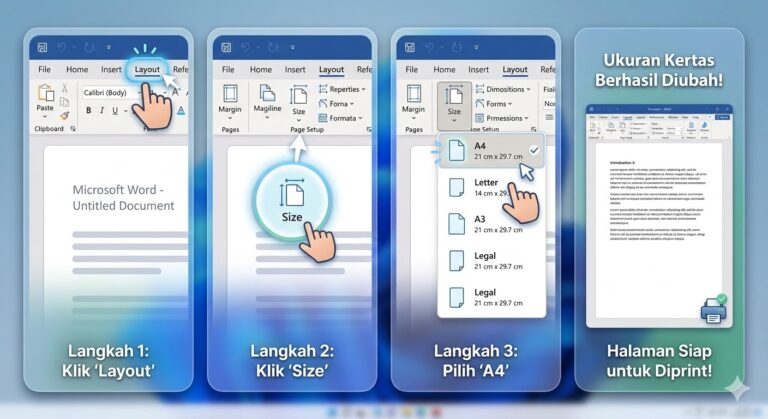 Infografis langkah demi langkah cara mengatur ukuran kertas A4 di Microsoft Word - Belajarpedia
