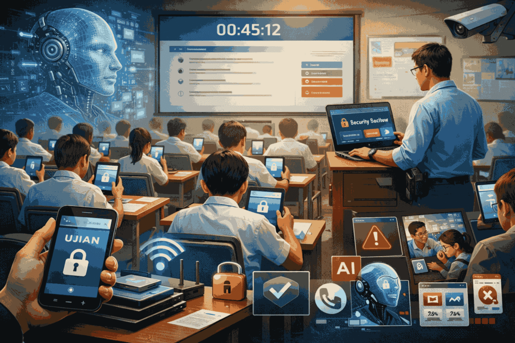 Ujian berbasis Android di kelas modern dengan sistem keamanan lockdown dan pengawasan AI di sekolah tahun 2026