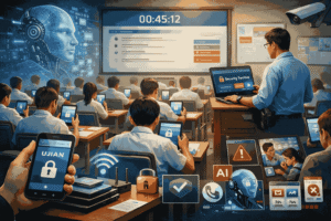 Ujian berbasis Android di kelas modern dengan sistem keamanan lockdown dan pengawasan AI di sekolah tahun 2026